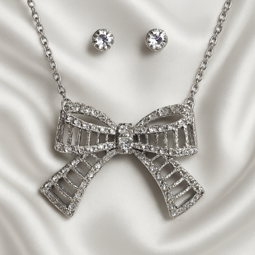 Silver-Tone Sparkling Ribbon bow, Pendant Necklace Earrings - Women's Jewelry